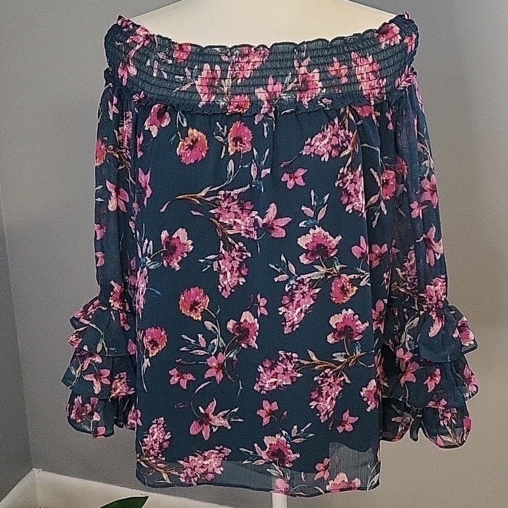 CeCe Floral On or Off The Shoulder Lined Sheer Sleeve Teal Pink Floral Top Sz S